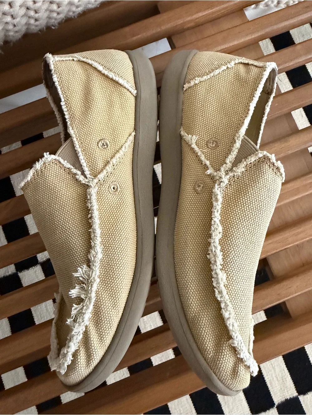 CROCS Beige Canvas Slip-On Shoes with Frayed Trim
